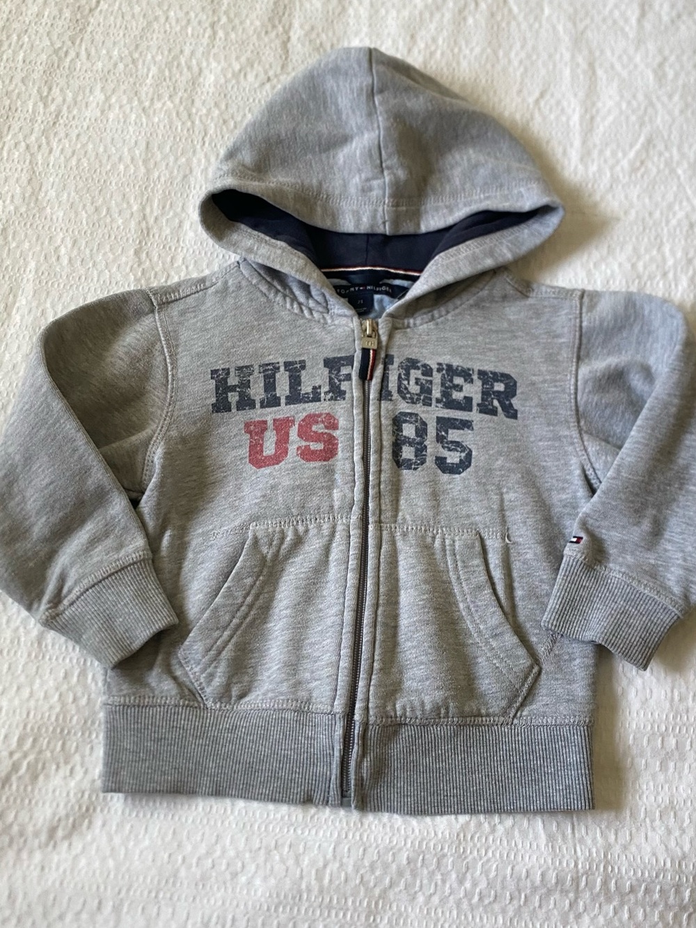 Tommy Hilfiger Grey Zip-Up Hoodie with 'US 85' Chest Graphic